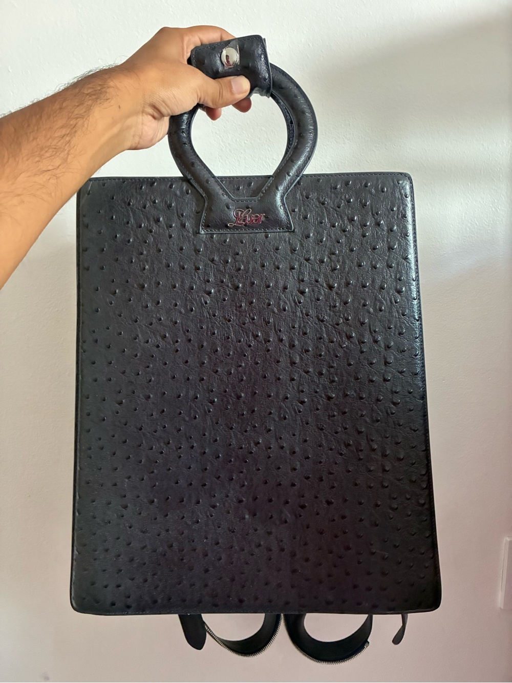 Luar Navy Blue Ostrich Textured Leather Alexis Backpack with Top Handle